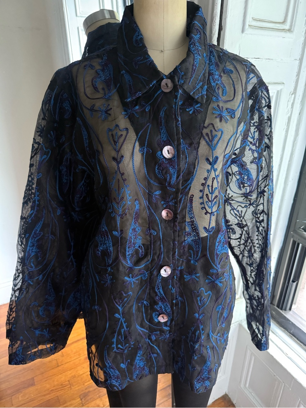 Indigo Moon Silk Burnout Embroidered Blouse M Oversized Boxy